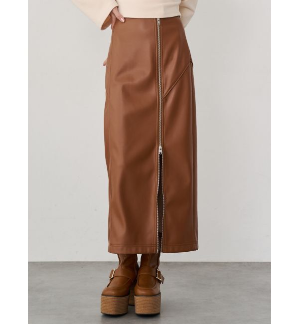 MURUA「ZIPスリットフェイクレザーナロースカート」|スカート|キャメル