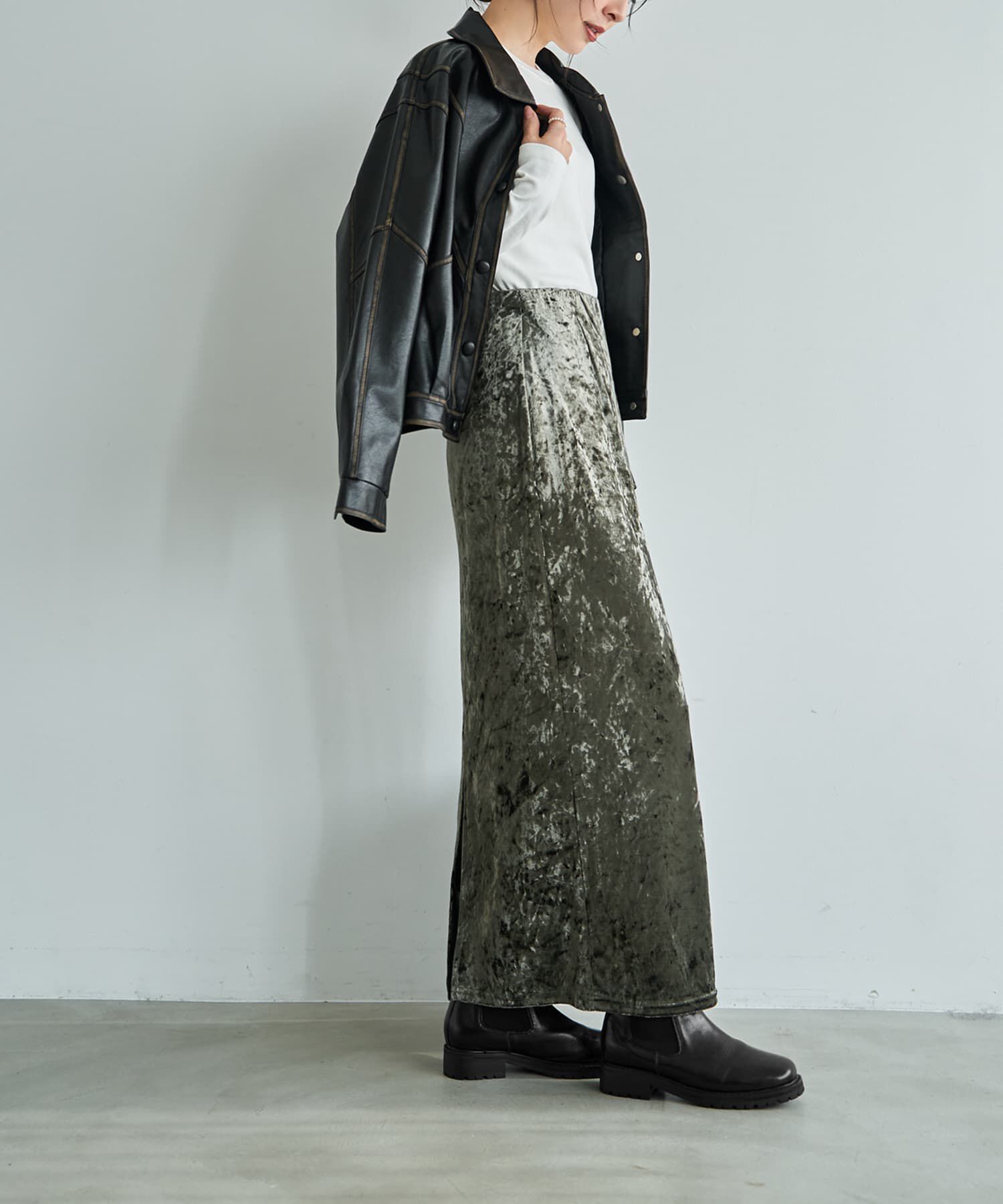 STYLE DELI「クラッシュベロア伸縮ストレートスカート」|スカート|