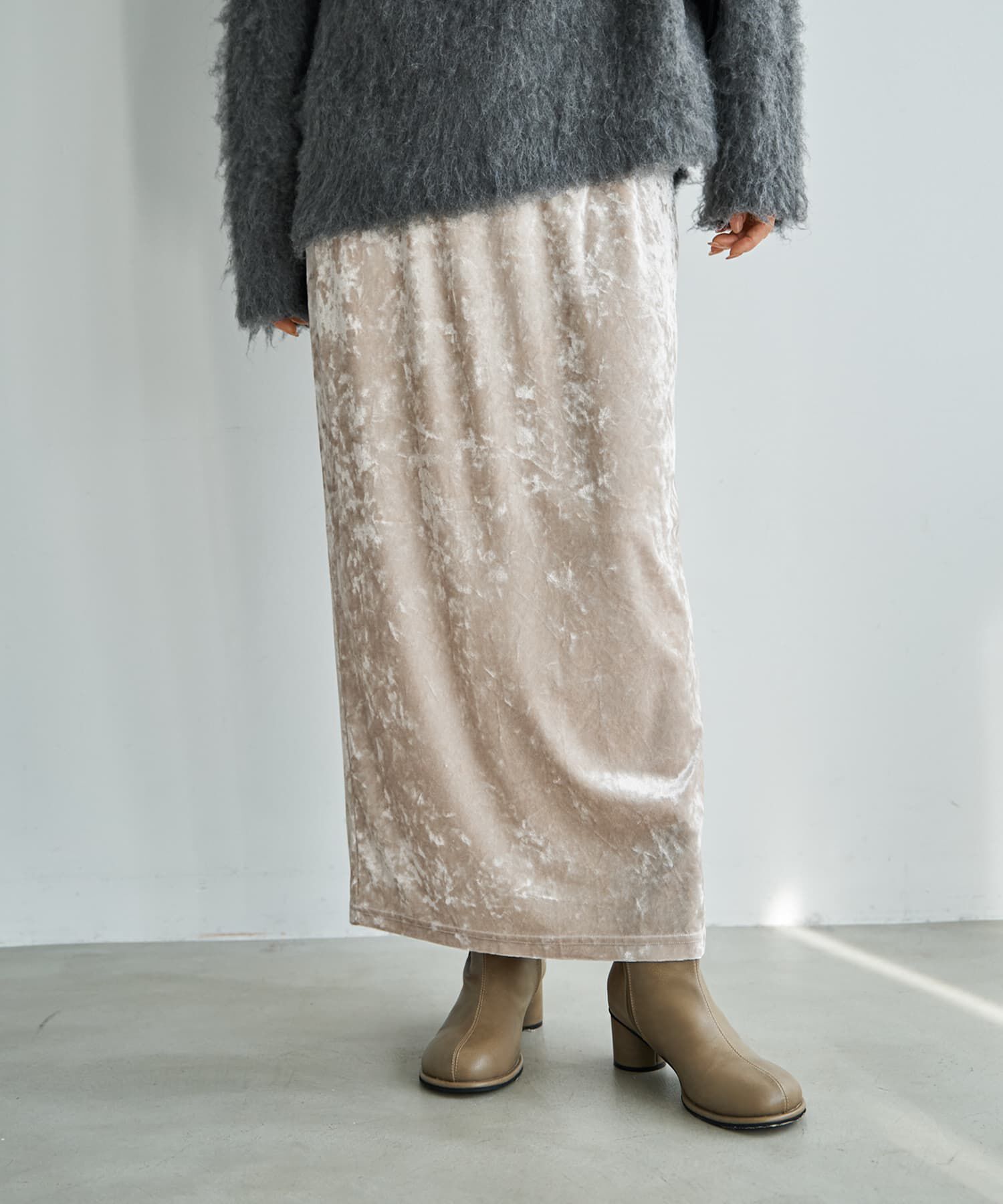 STYLE DELI「クラッシュベロア伸縮ストレートスカート」|スカート|パールベージュ