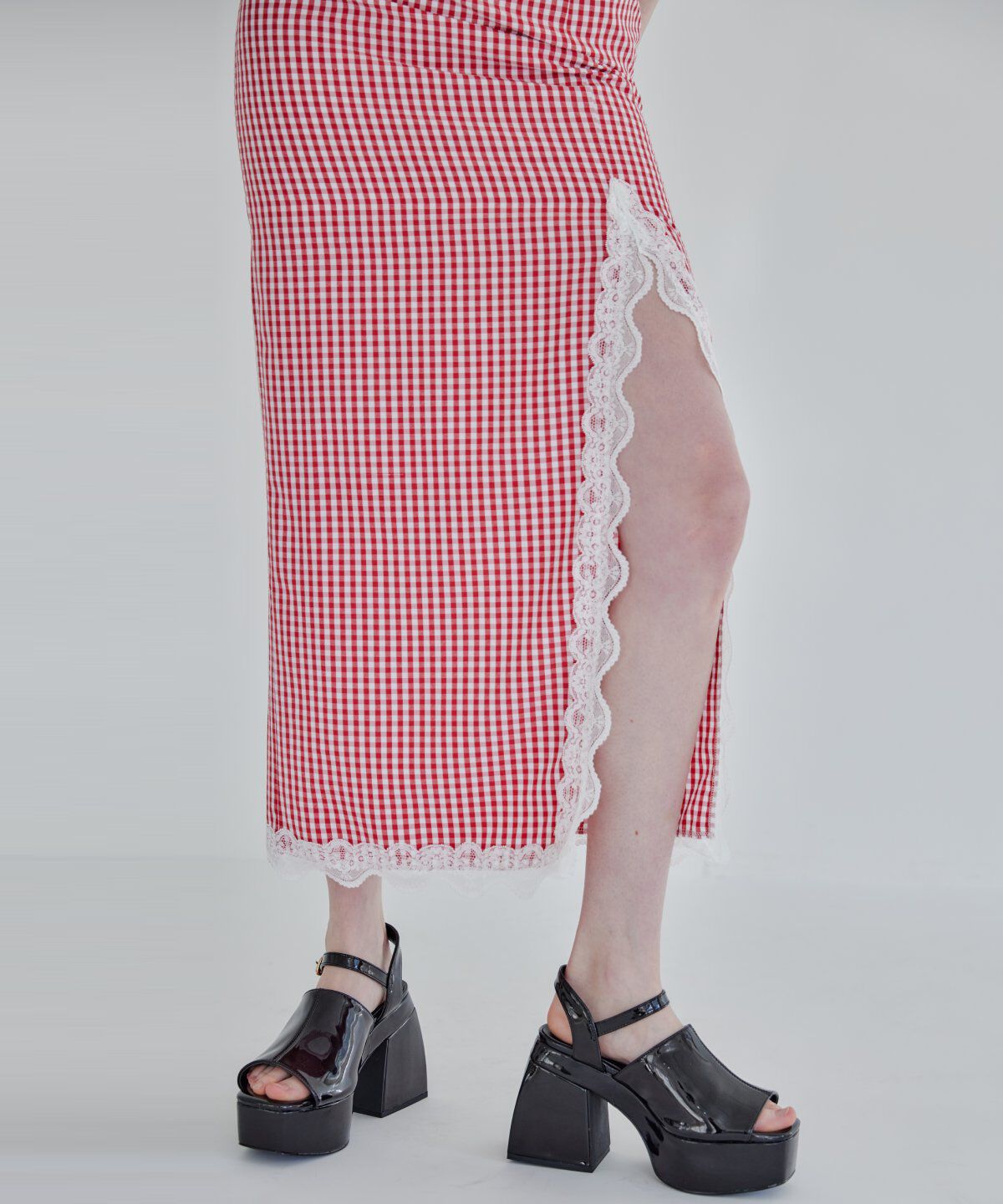 REDYAZEL「ギンガムチェックレーストリミングスカート」|タイト|