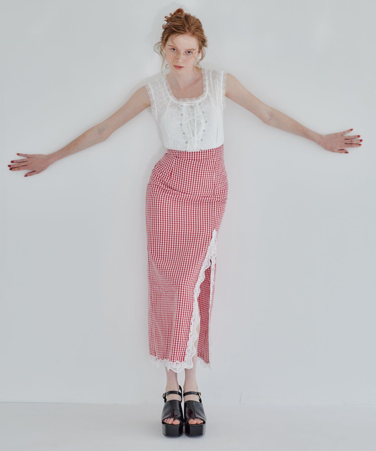 REDYAZEL「ギンガムチェックレーストリミングスカート」|タイト|