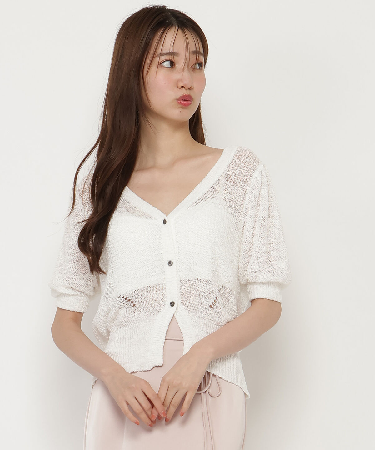 REDYAZEL「シアーニット半袖カーディガントップス」|カーディガン|オフ