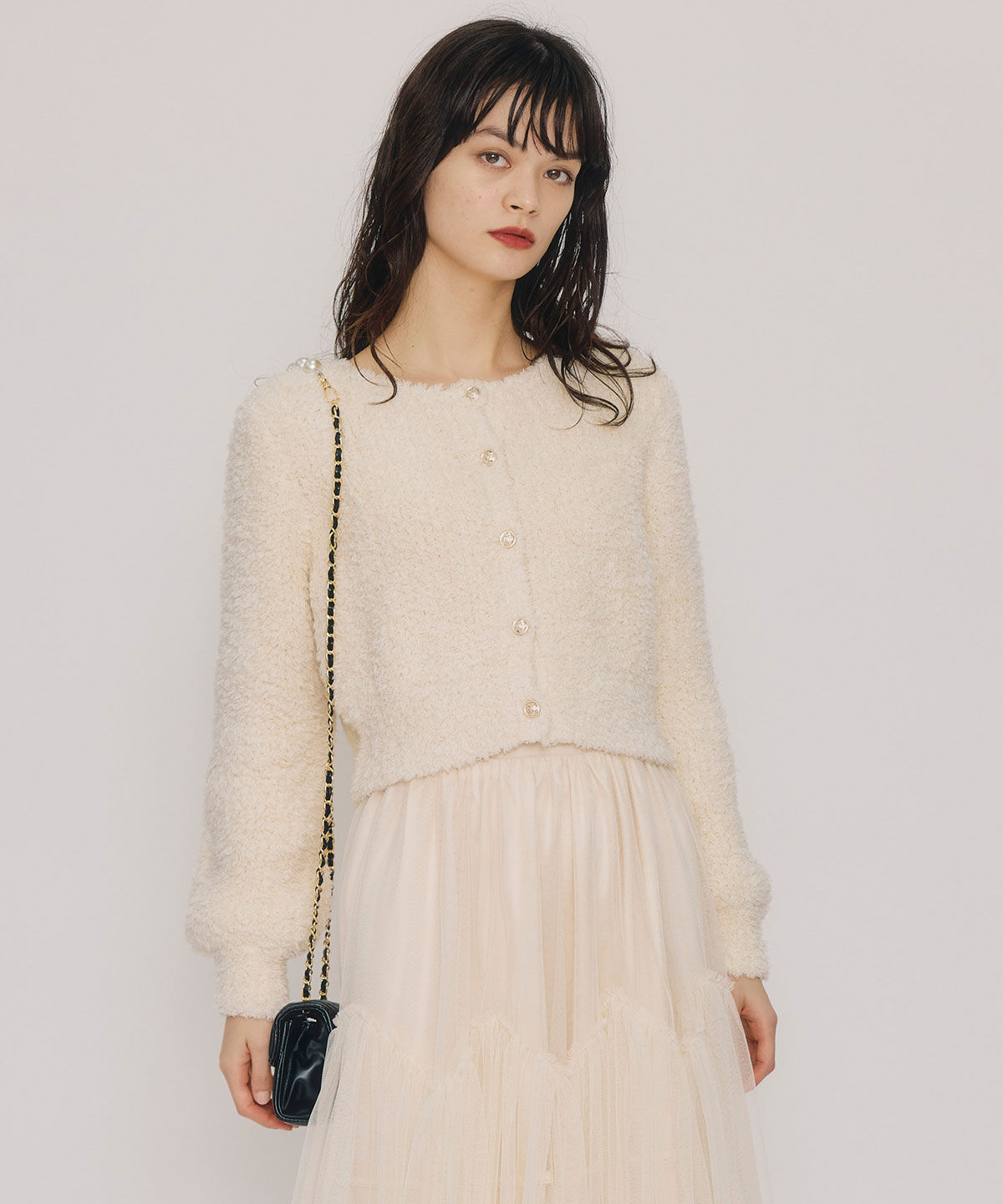 REDYAZEL「フラッフィブークレシャギーニットカーディガン」|カーディガン|