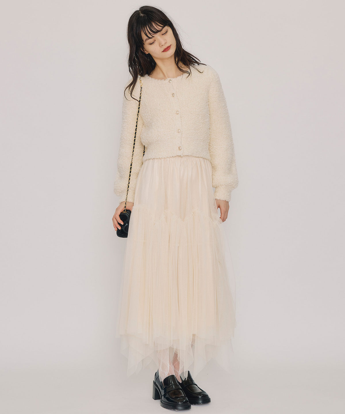 REDYAZEL「フラッフィブークレシャギーニットカーディガン」|カーディガン|