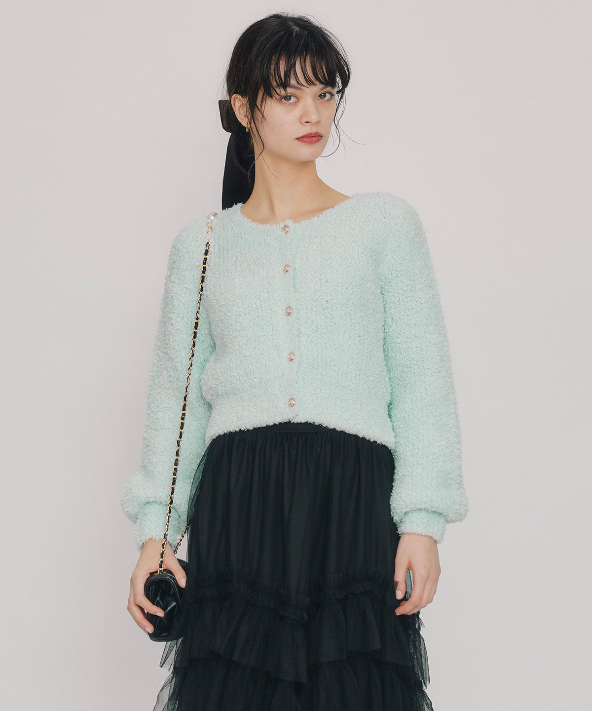 REDYAZEL「フラッフィブークレシャギーニットカーディガン」|カーディガン|