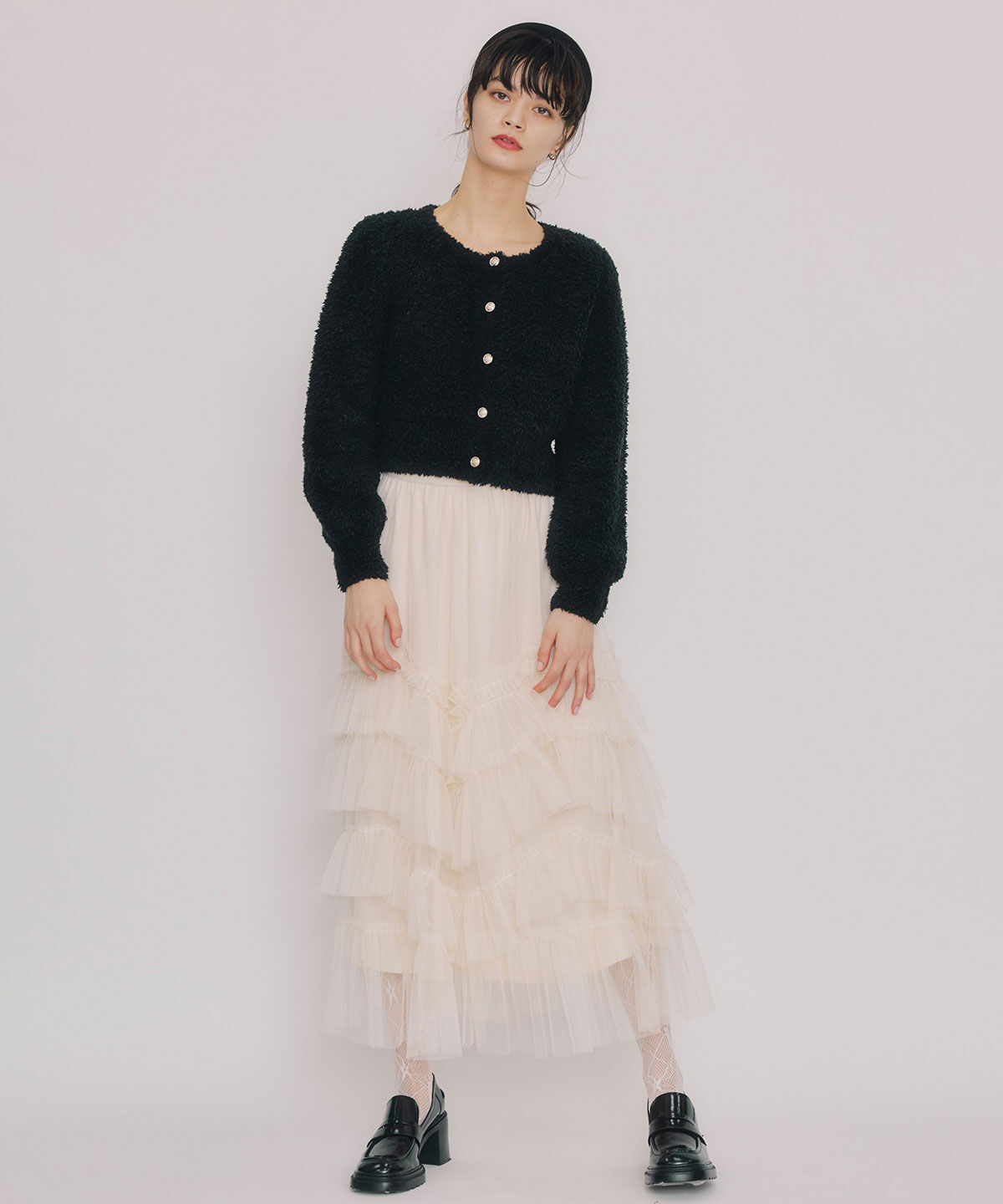 REDYAZEL「フラッフィブークレシャギーニットカーディガン」|カーディガン|