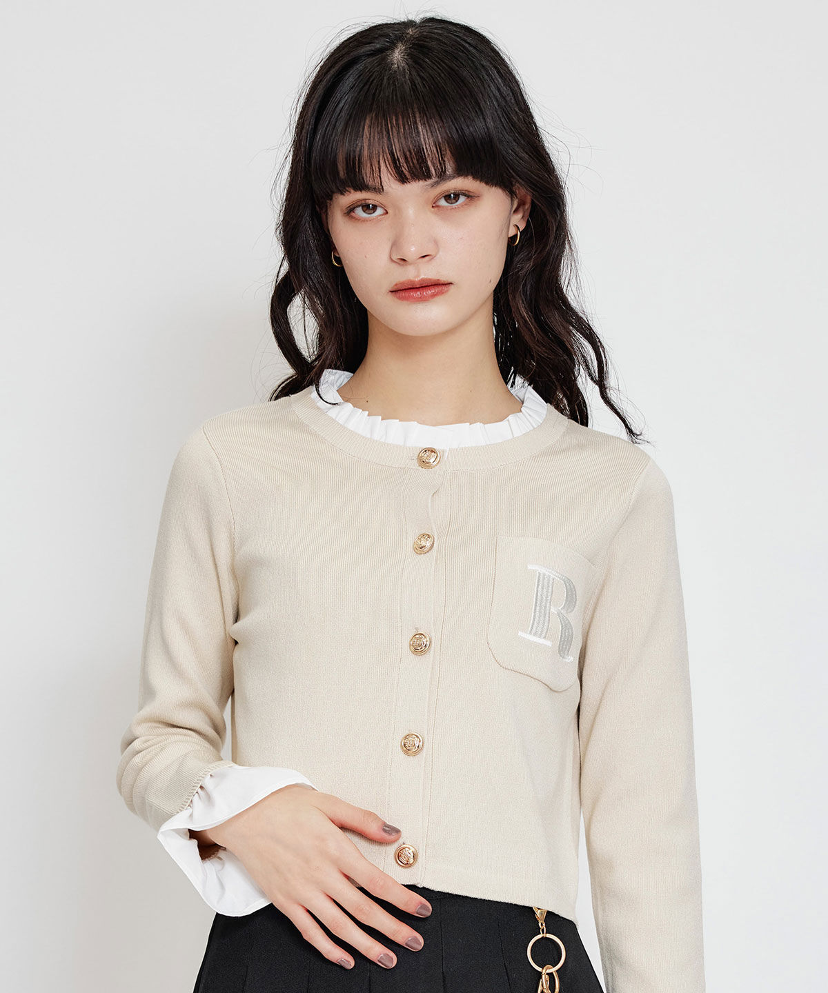 REDYAZEL「Rフリルレイヤードニットカーディガン」|カーディガン|ベージュ