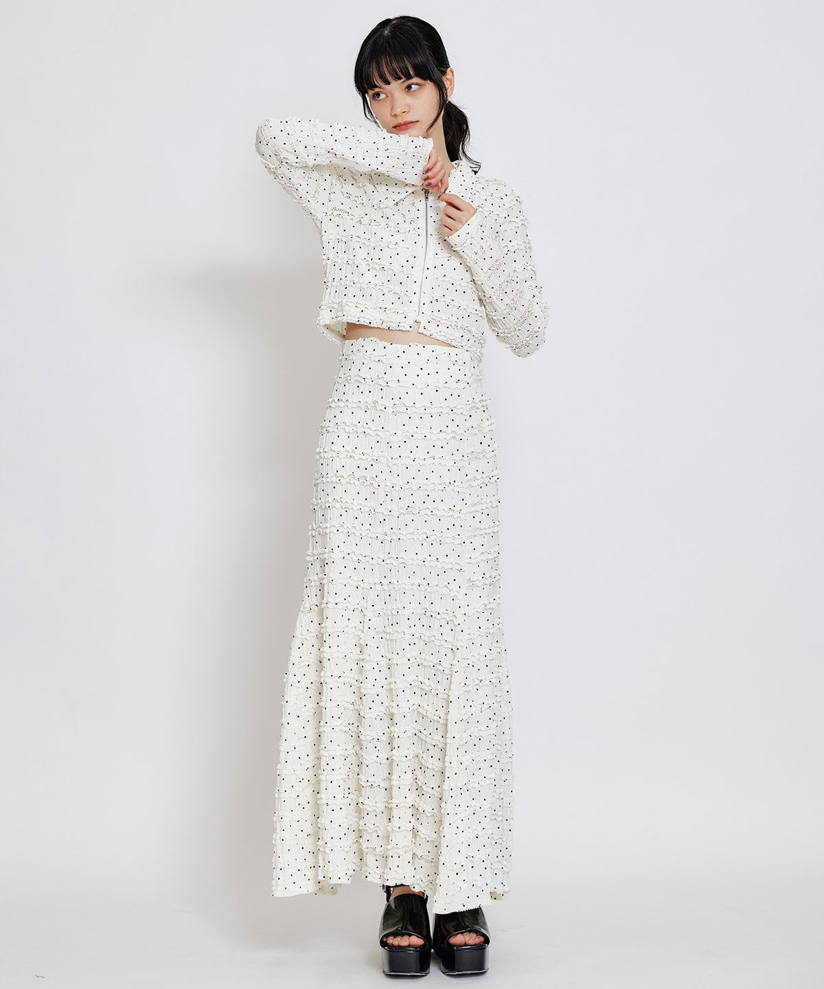 REDYAZEL「ミニフリルZIPブラウス&times;ミニフリルフレアロングスカートセットアップ」|ワンピース|