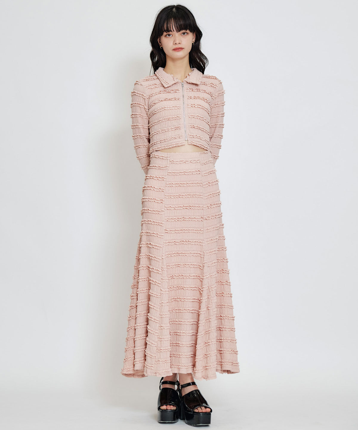 REDYAZEL「ミニフリルZIPブラウス&times;ミニフリルフレアロングスカートセットアップ」|ワンピース|ピンク