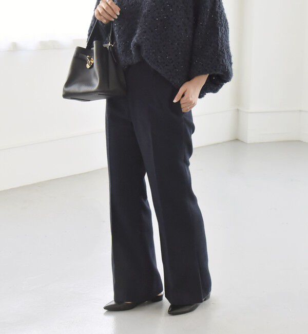 quaranciel「quaranciel:〈洗濯機可能〉ポリエステル サージ セミ フレア パンツ」|その他|ネイビー