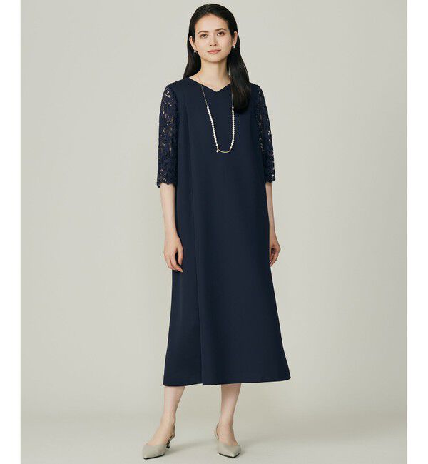 自由区「フラワーレースダブルクロス ワンピース」|ワンピース|ネイビー
