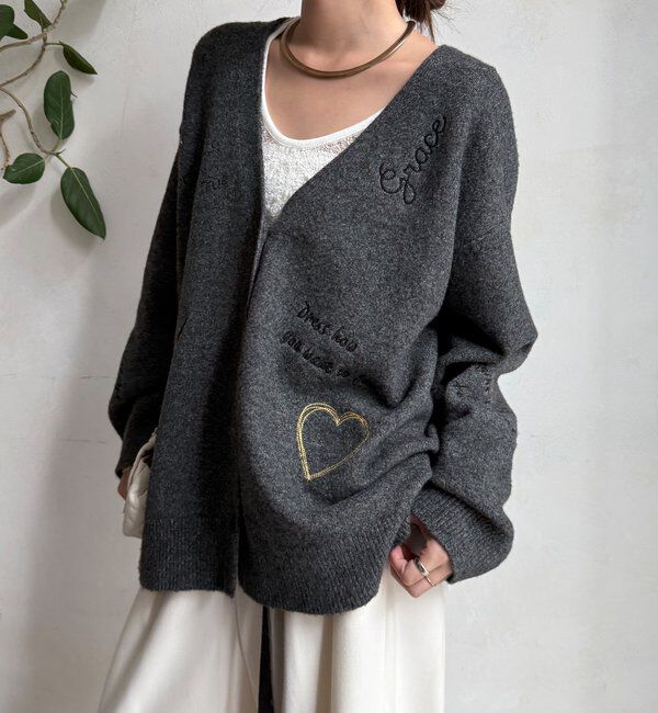  「【WEB限定】 刺繍ニットカーディガン」|カーディガン|チャコールグレー