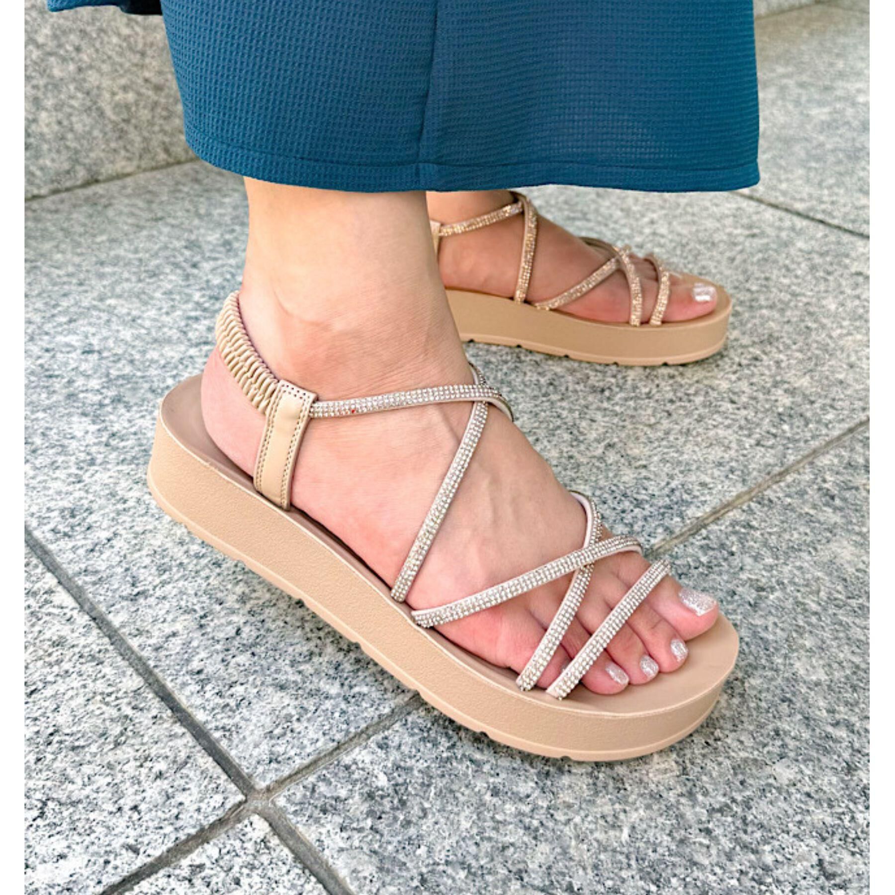 grove「【新色追加・人間工学】ワンタッチラインストーンストラップ厚底サンダル」|サンダル|