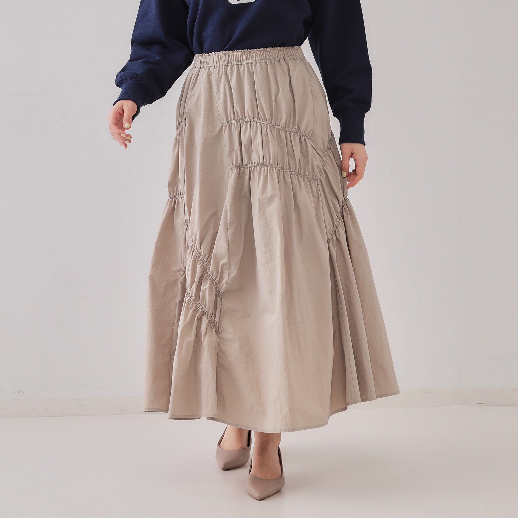 OPAQUE.CLIP「シャーリングアシメフレアスカート【洗濯機洗い可】」|スカート|