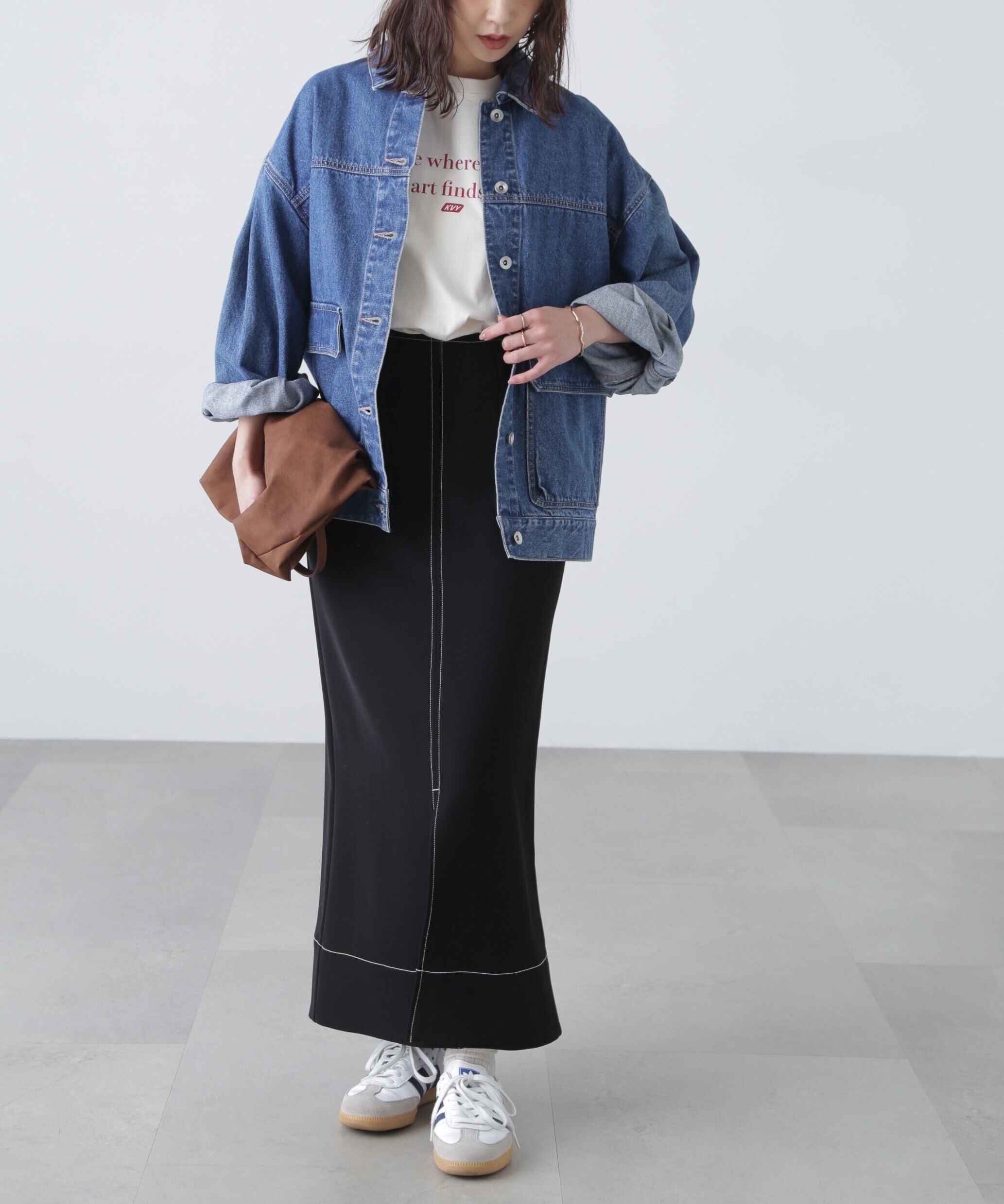  「配色ステッチハイウエストナロースカート」|スカート|