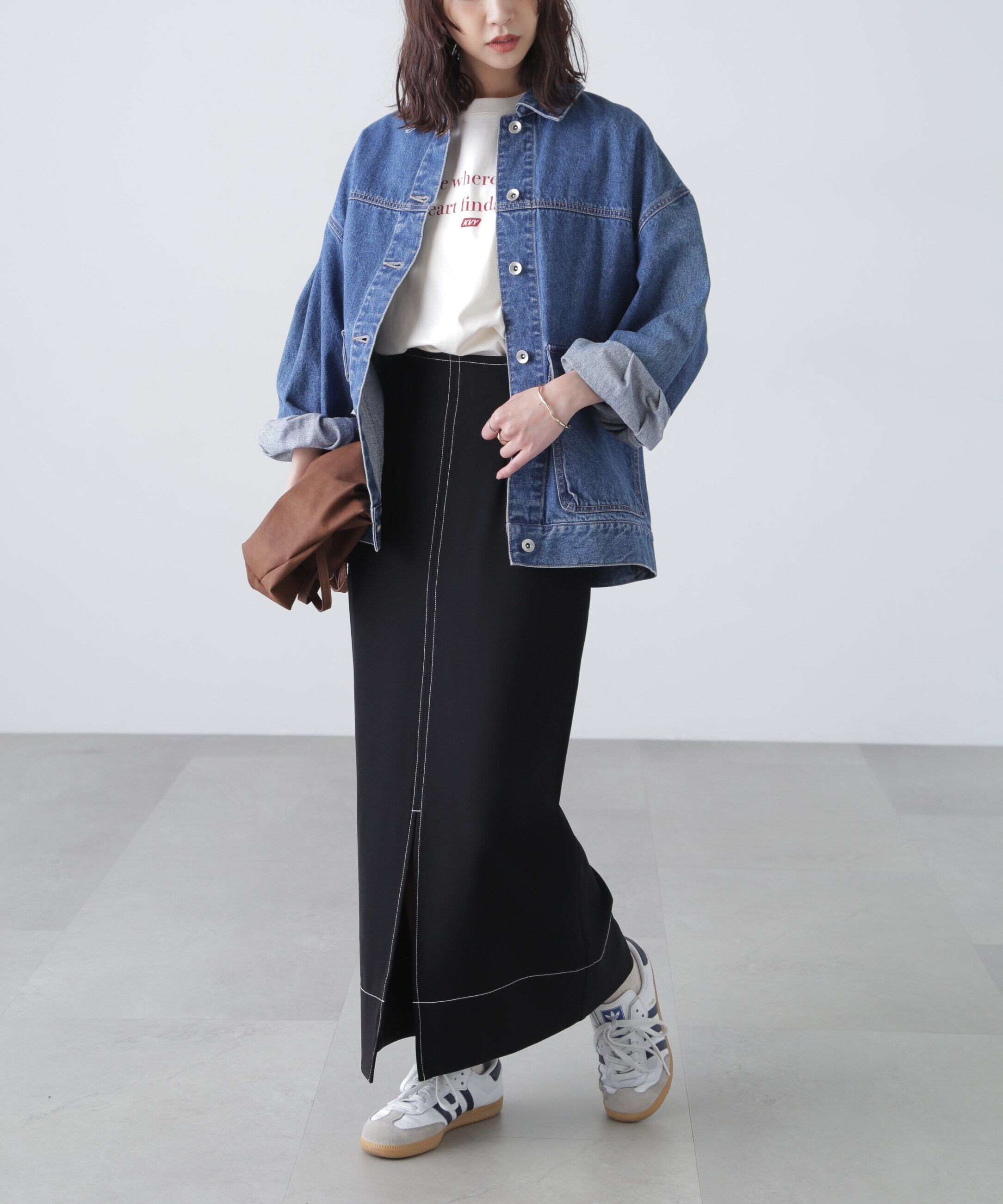  「配色ステッチハイウエストナロースカート」|スカート|