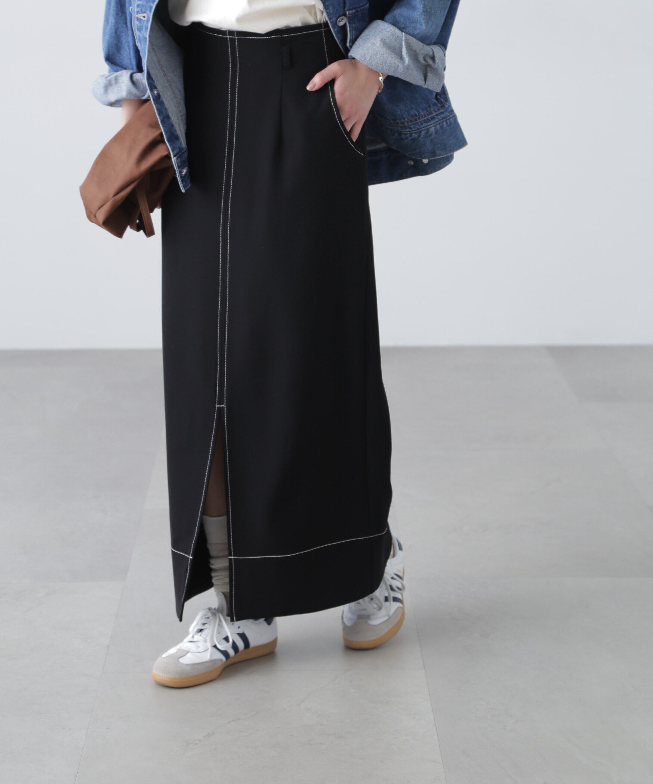  「配色ステッチハイウエストナロースカート」|スカート|