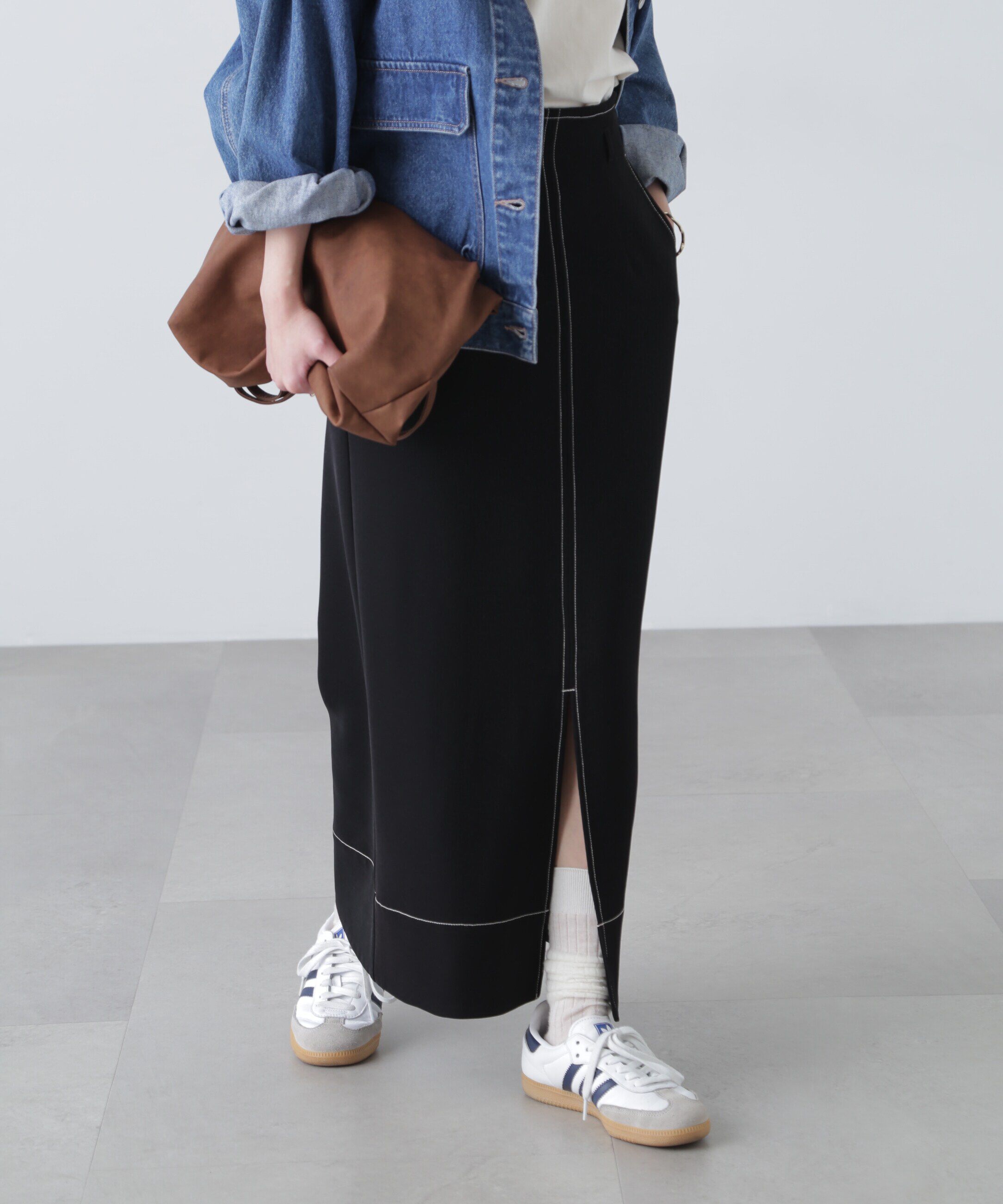  「配色ステッチハイウエストナロースカート」|スカート|