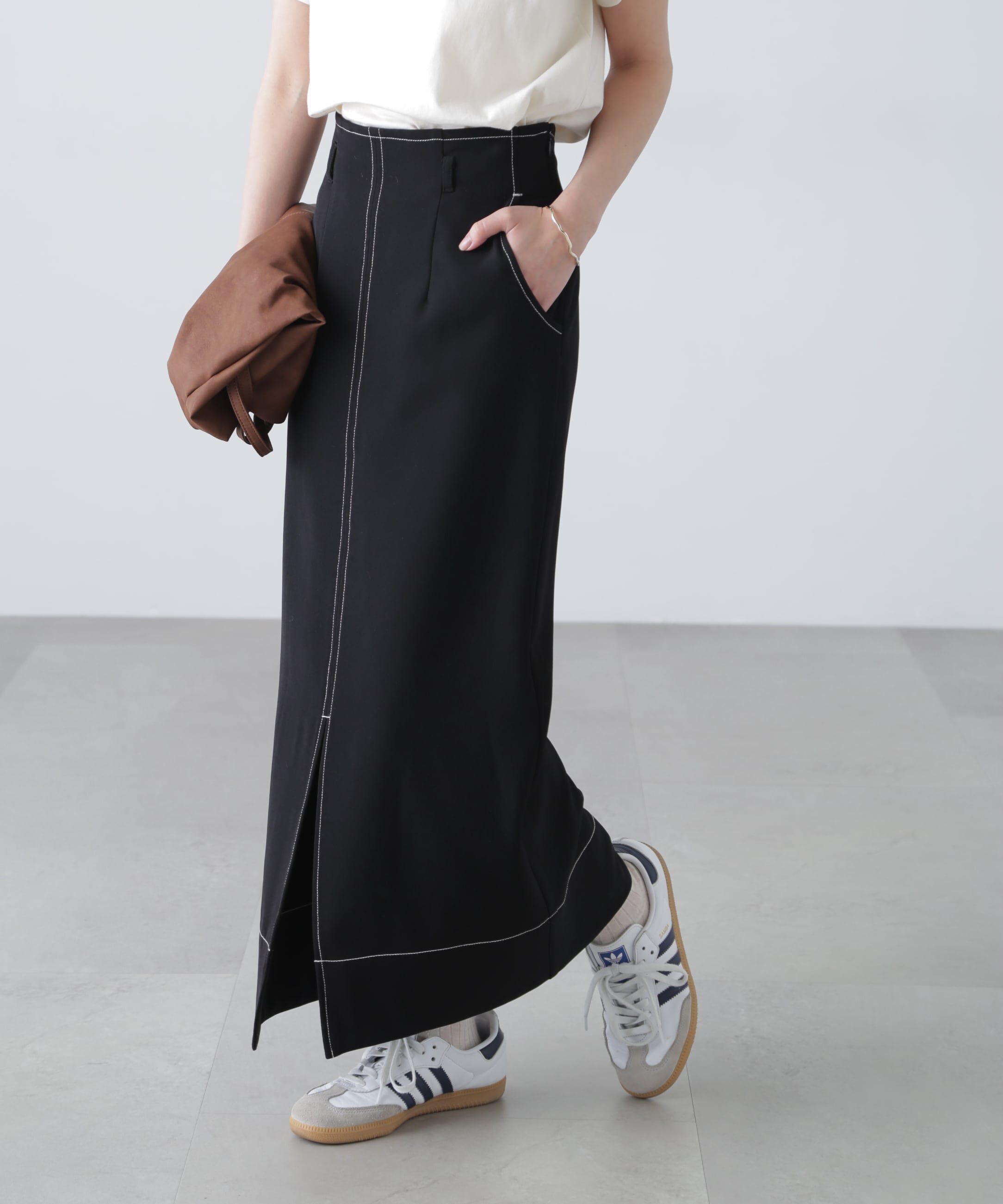  「配色ステッチハイウエストナロースカート」|スカート|
