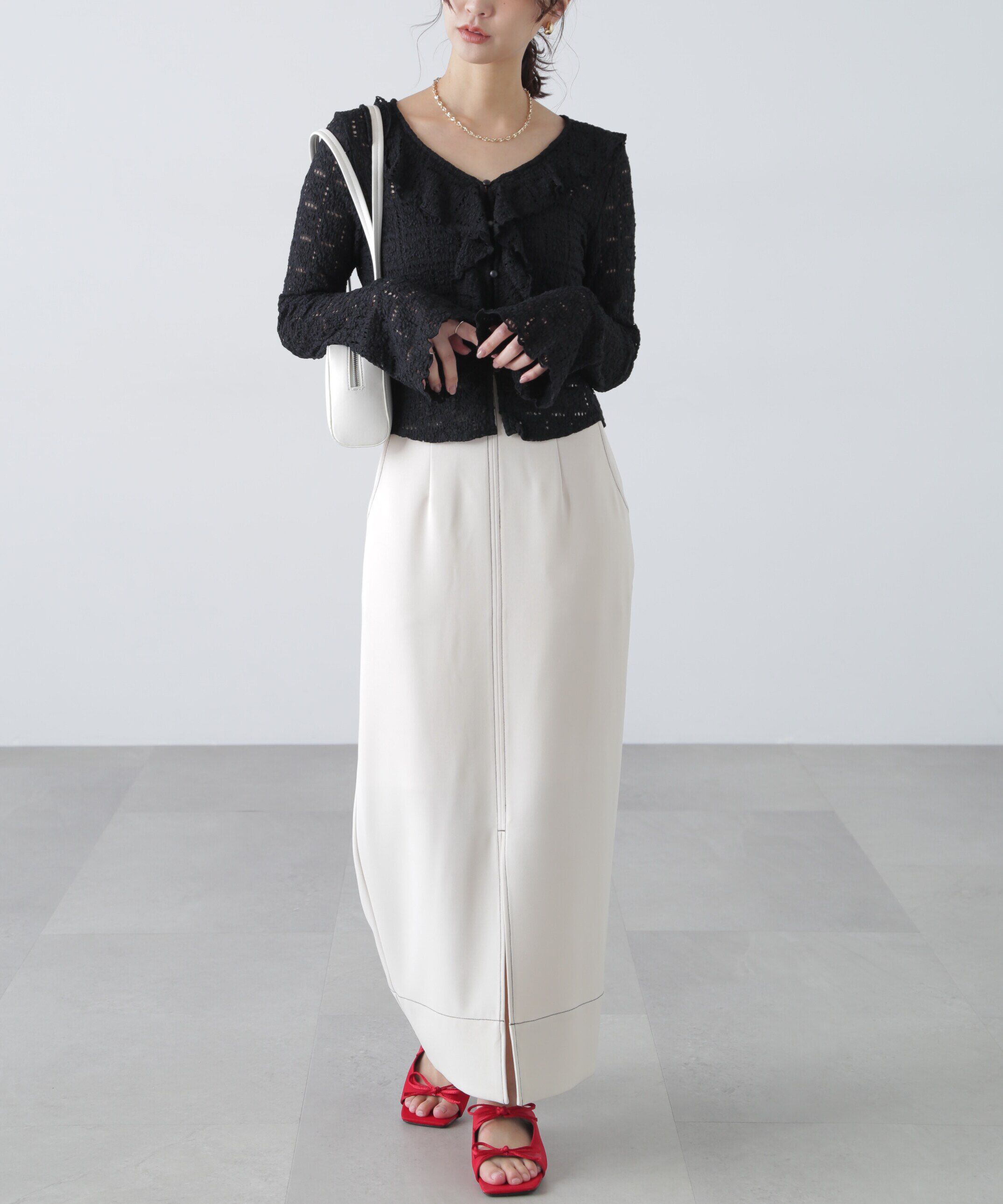  「配色ステッチハイウエストナロースカート」|スカート|