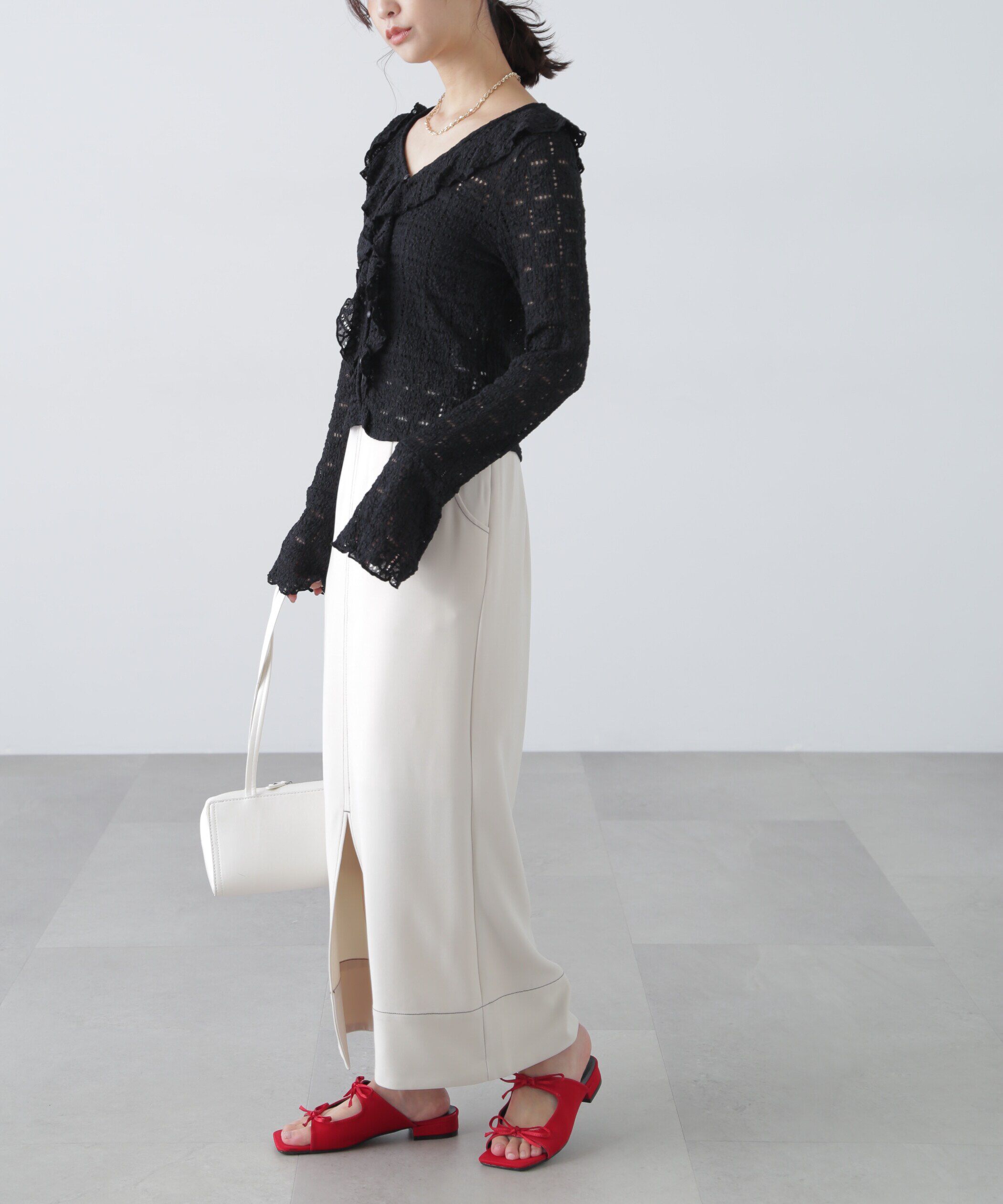  「配色ステッチハイウエストナロースカート」|スカート|