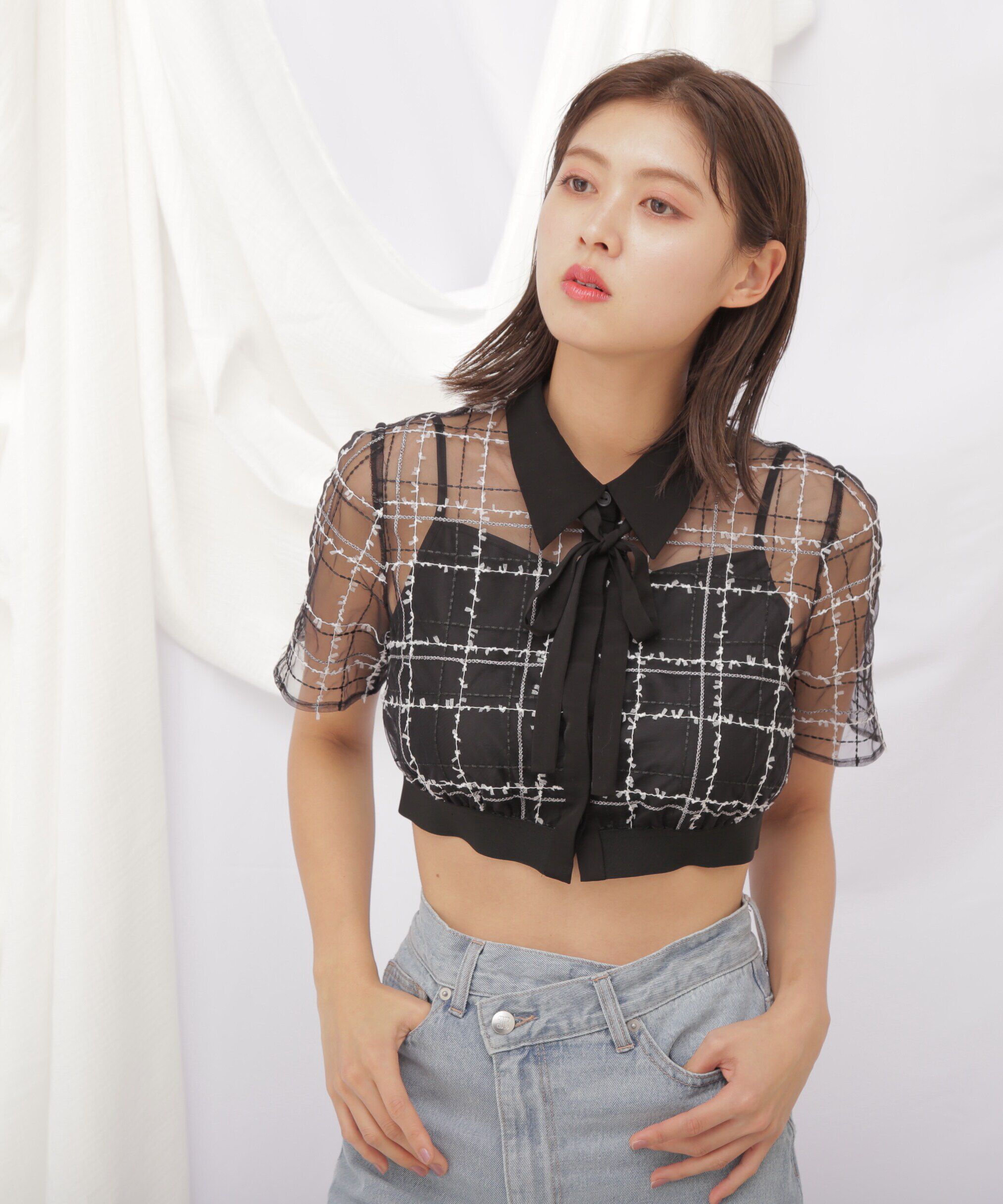  「◇シアーチェックショート丈ブラウス」|シャツ・ブラウス|ブラック