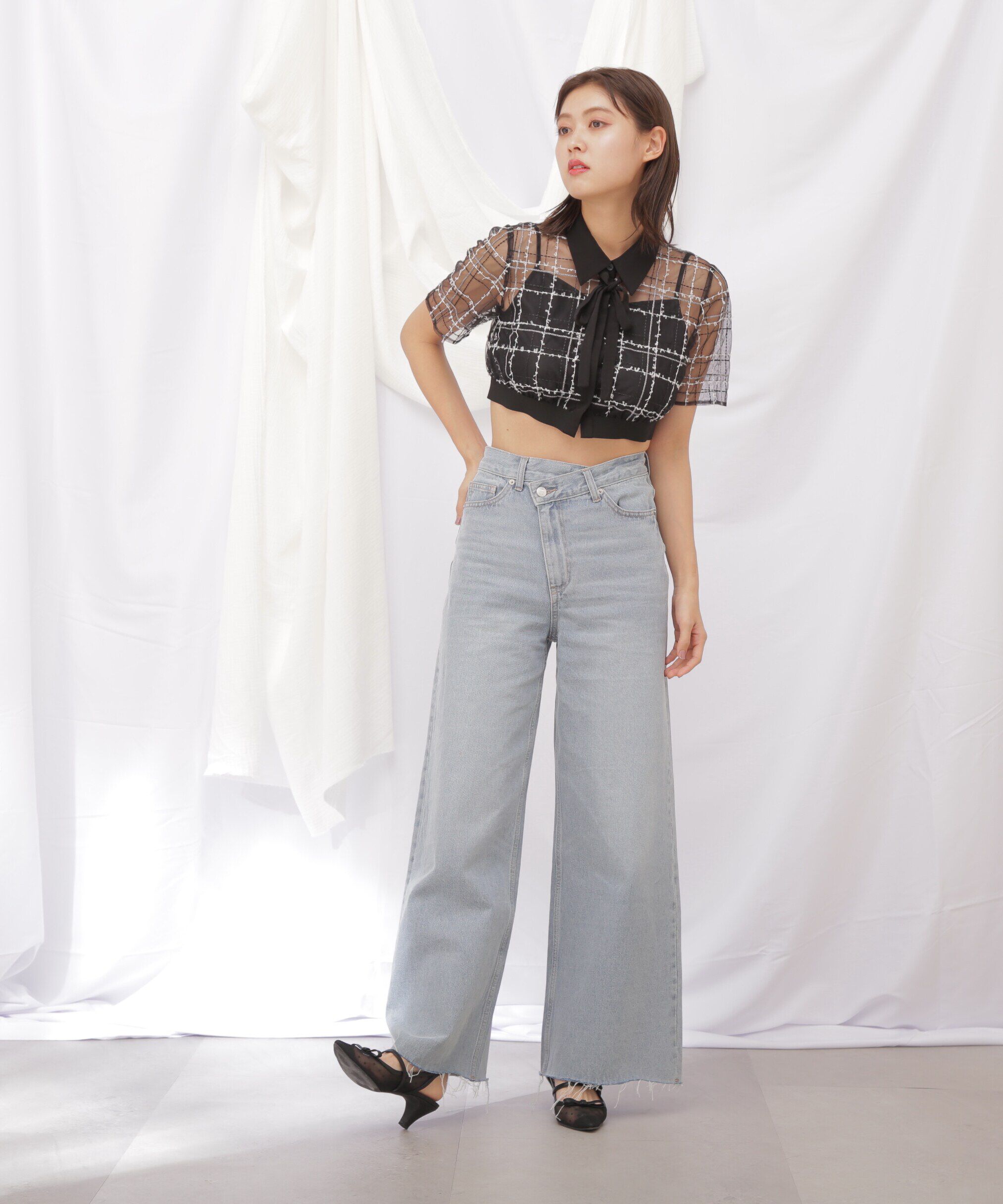  「◇シアーチェックショート丈ブラウス」|シャツ・ブラウス|