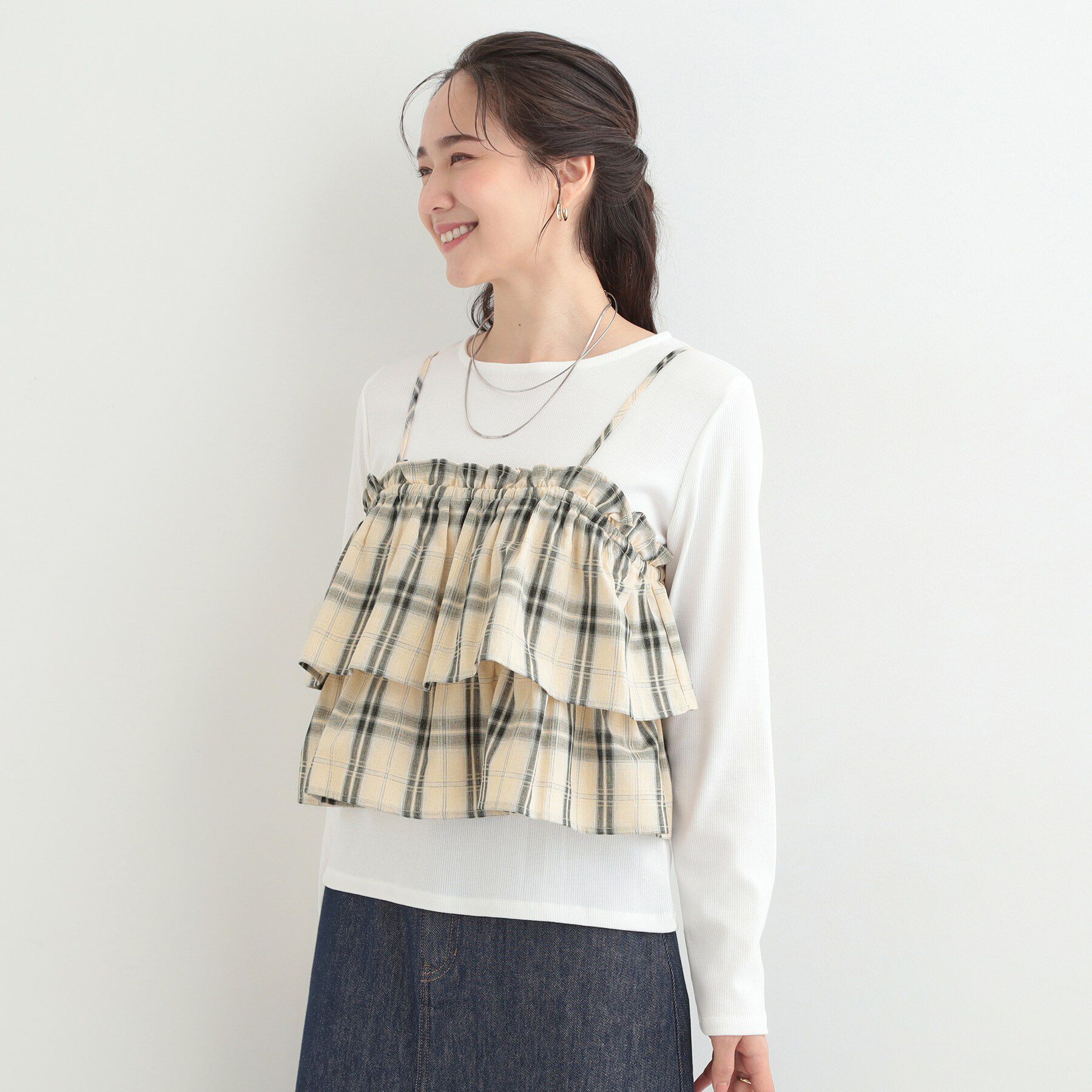 SHOO･LA･RUE「【2点セット】チェック柄フリルキャミビスチェ&times;テレコロンT」|Tシャツ・カットソー|