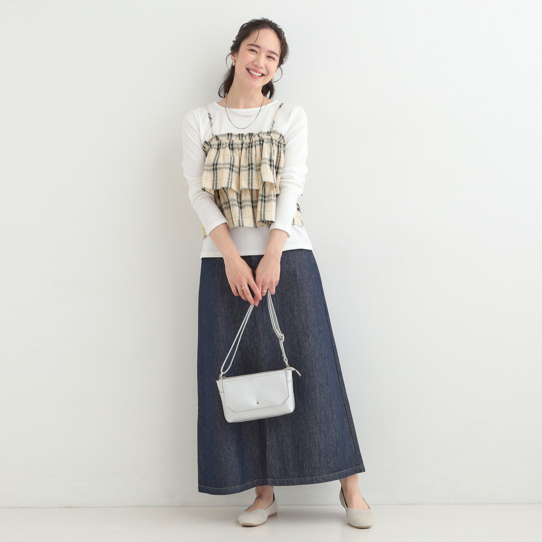 SHOO･LA･RUE「【2点セット】チェック柄フリルキャミビスチェ&times;テレコロンT」|Tシャツ・カットソー|