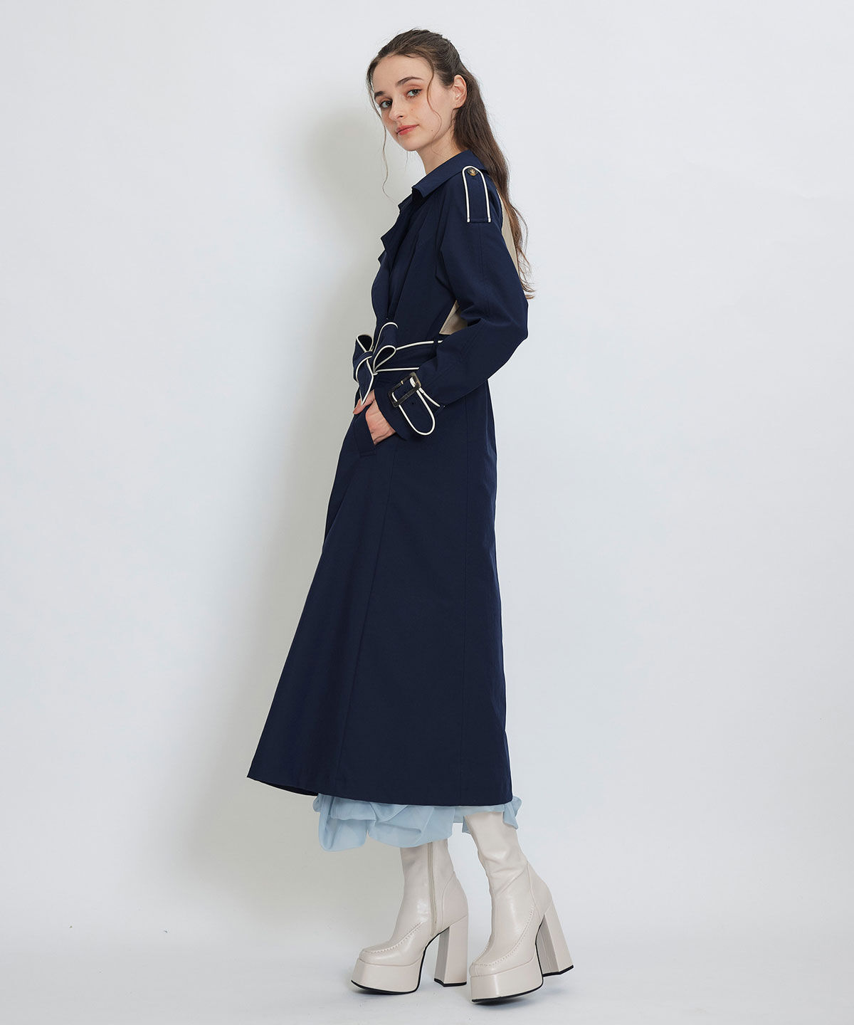 REDYAZEL「バックベルトデザインパイピングロングトレンチコート」|トレンチコート|