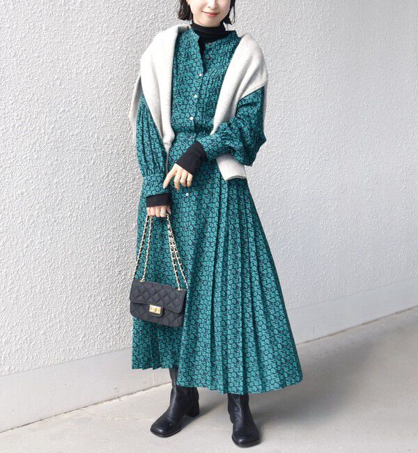 SHIPS for women「【WEB限定】〈手洗い可能〉ドット / 花柄 バンドカラー サイド プリーツ ワンピース」|ワンピース|ダークグリーン