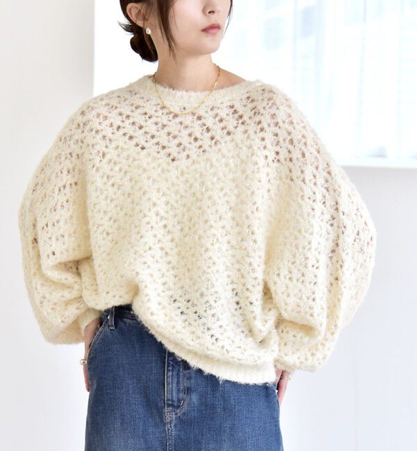 quaranciel「quaranciel:〈手洗い可能〉スパンコール レース編み クルーネック ドルマン ルーズ ニット」|ニット・セーター|