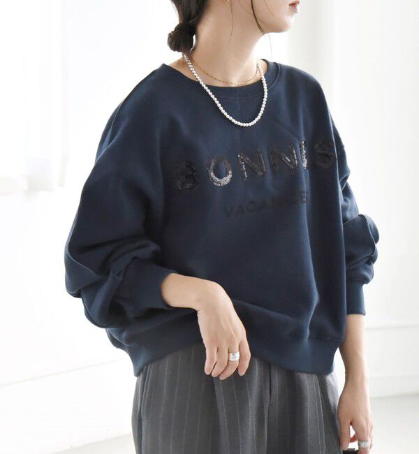 quaranciel「quaranciel:〈手洗い可能〉スパンコール刺繍 ロゴ スウェット」|スウェット・ジャージ|ネイビー