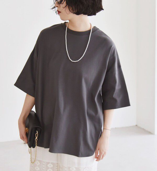 quaranciel「quaranciel:〈接触冷感/汗染み防止加工/洗濯機可能〉ラウンドヘム クルー ビッグ TEE」|Tシャツ・カットソー|チャコールグレー