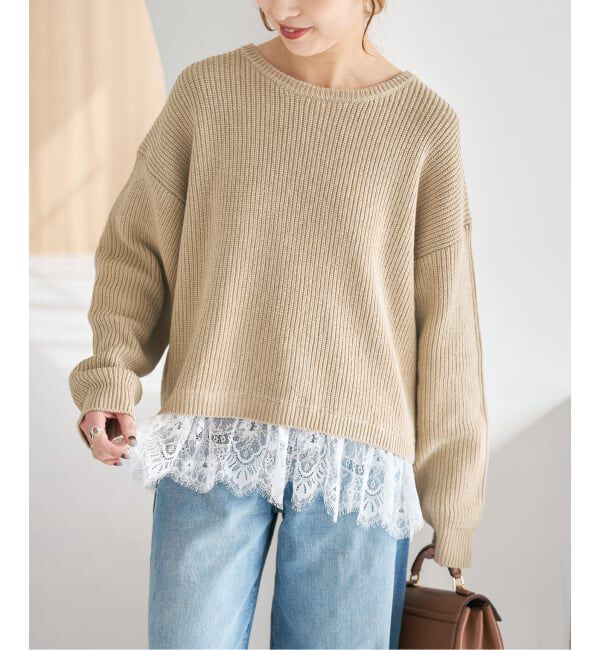 Spick and Span「《追加3》レースドッキング畦ニットプルオーバー」|ニット・セーター|