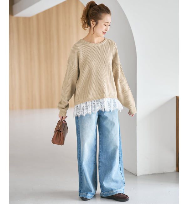 Spick and Span「《追加3》レースドッキング畦ニットプルオーバー」|ニット・セーター|