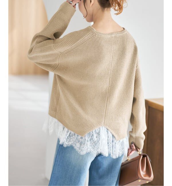 Spick and Span「《追加3》レースドッキング畦ニットプルオーバー」|ニット・セーター|ベージュ