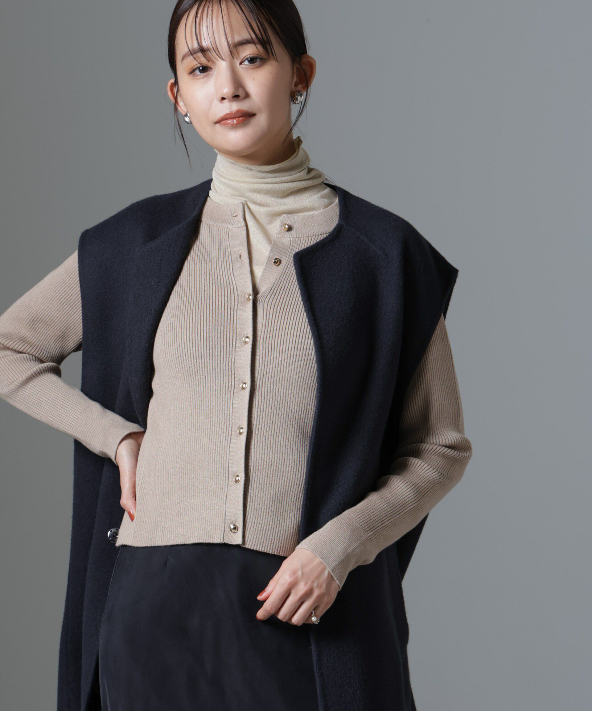 nano･universe「椿オイル加工リブカーディガン」|ニット・セーター|ベージュ