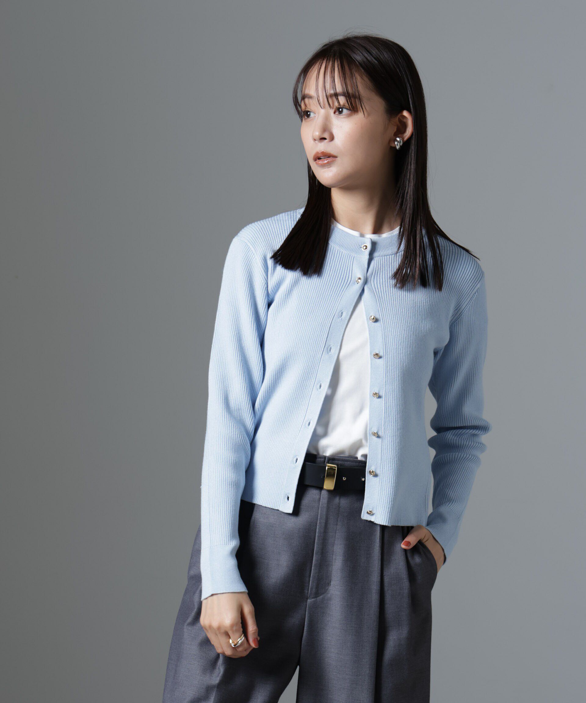 nano･universe「椿オイル加工リブカーディガン」|ニット・セーター|L.ブルー1