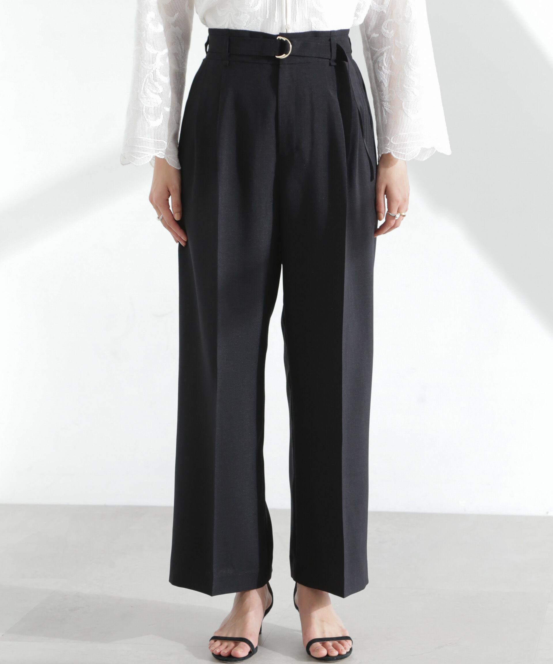 nano･universe「メランジドライ ベルト付きタックワイドパンツ(セットアップ可)」|チノ|