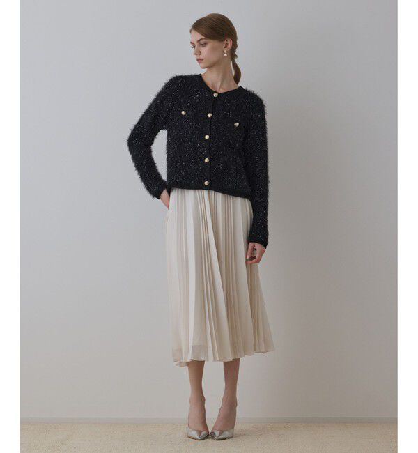 GRACE CONTINENTAL「ノーカラーフェザーニットカーディガン」|カーディガン|ブラック