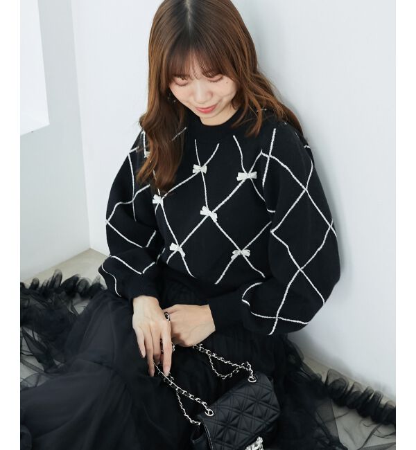 MAJESTICLEGON「プチリボンビジューニット」|ニット・セーター|ブラック柄