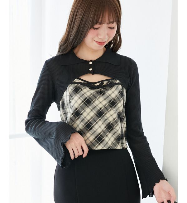 「バイカラーキャミ＆ショートボレロセット」|ニット・セーター|ブラック柄