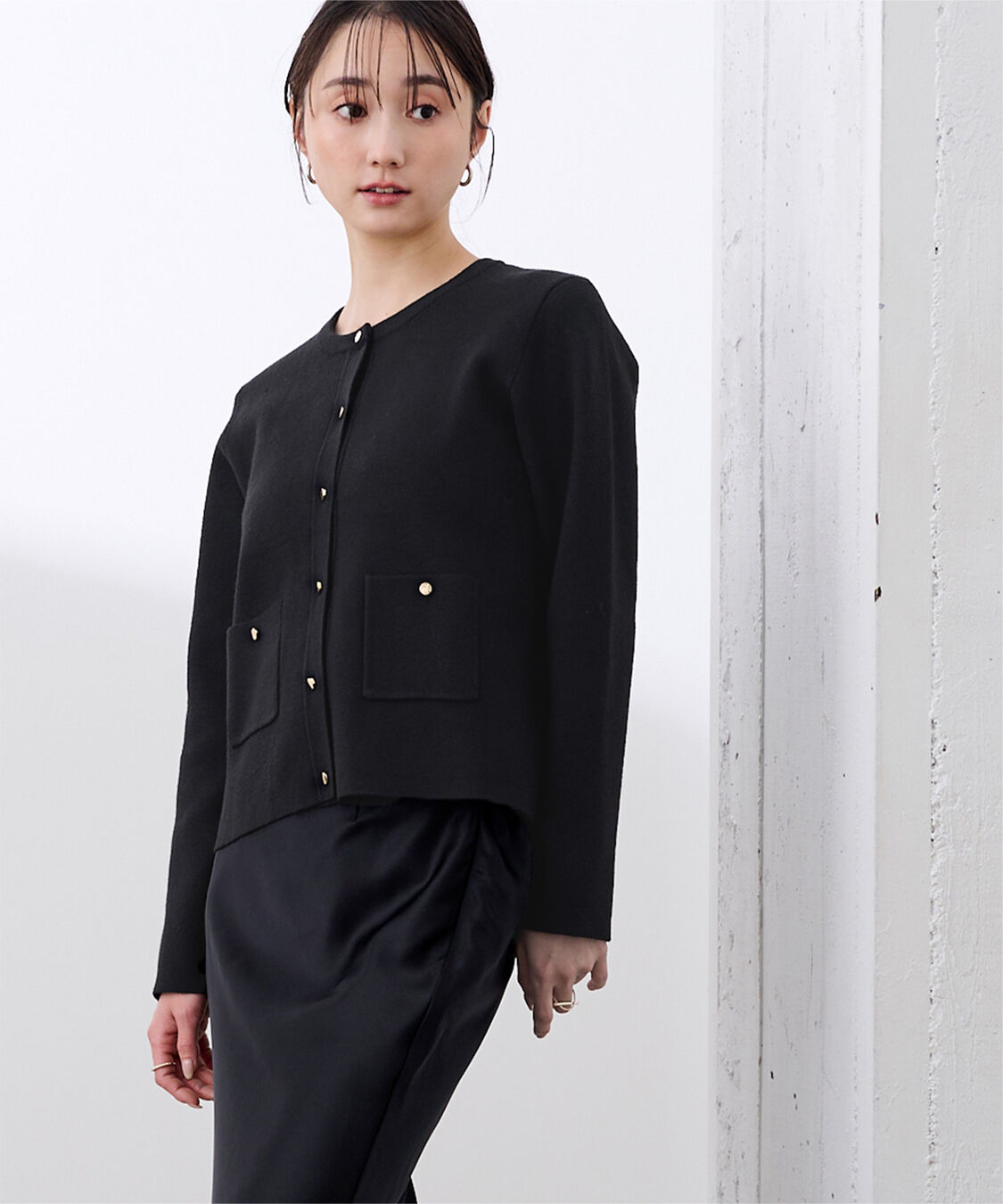 ur's「ゴールド釦ポケットデザインニットジャケット」|ニット・セーター|ブラック