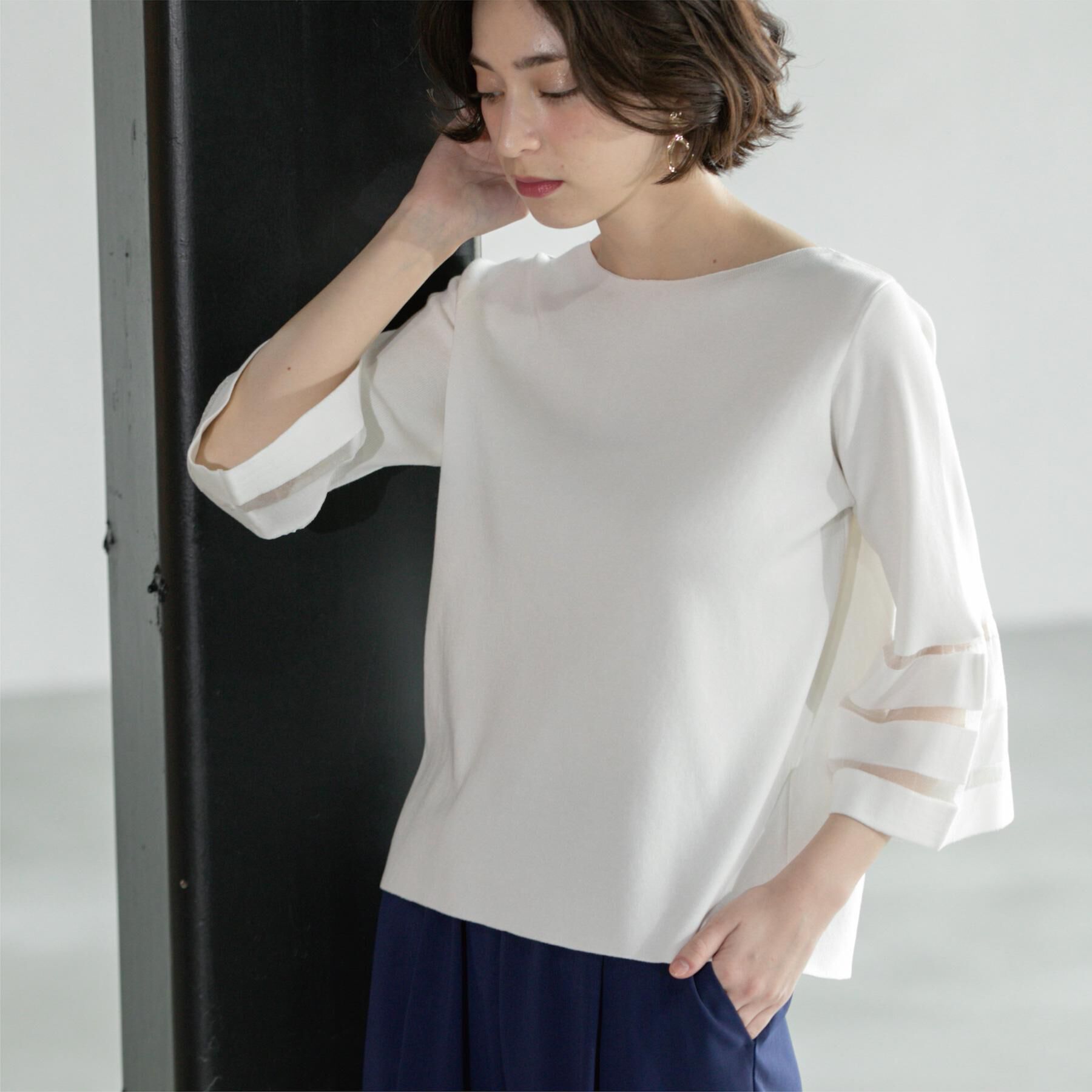 OPAQUE.CLIP「《6色展開》シアーボーダーフレアスリーブニット【洗濯機洗い可】」|ニット・セーター|