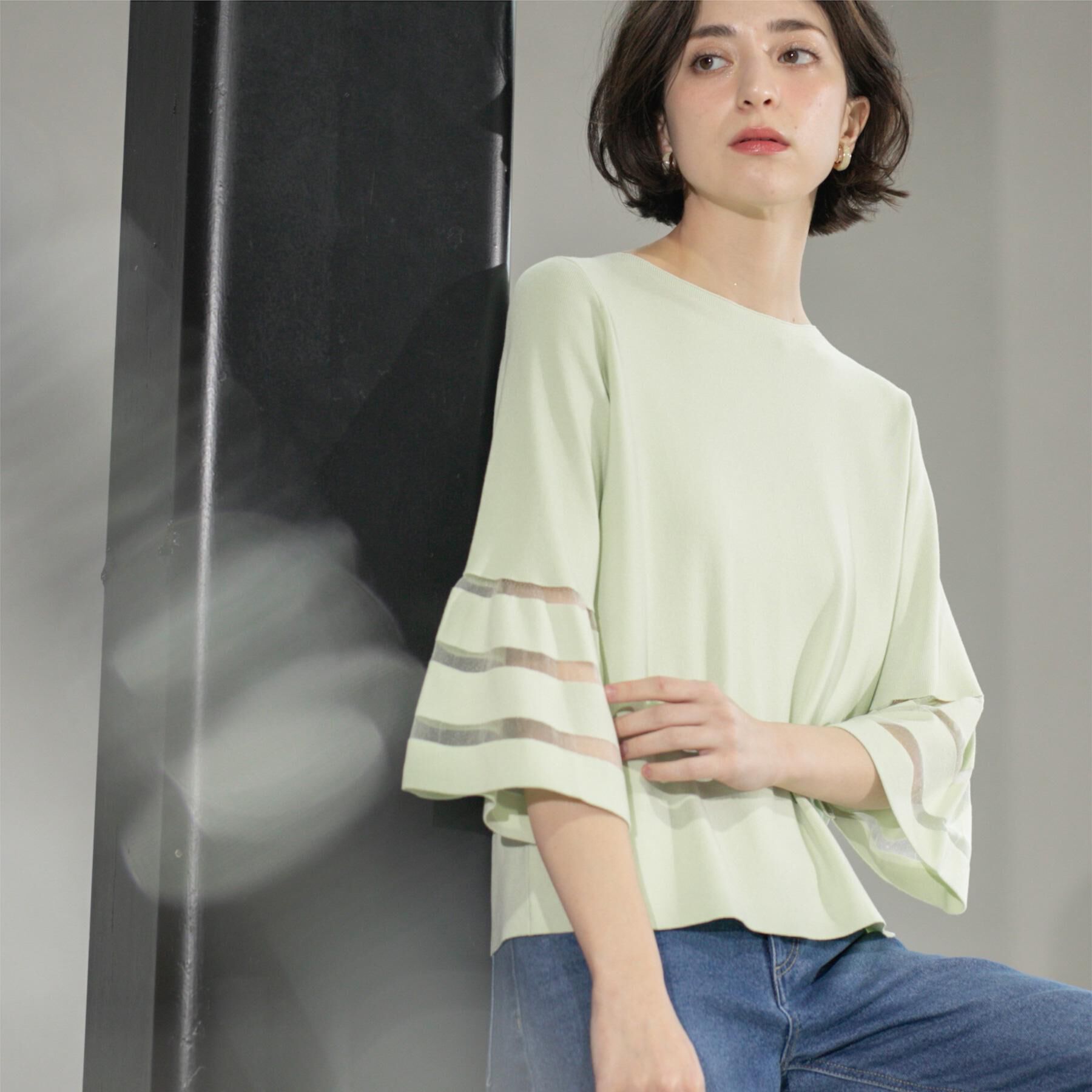 OPAQUE.CLIP「《6色展開》シアーボーダーフレアスリーブニット【洗濯機洗い可】」|ニット・セーター|