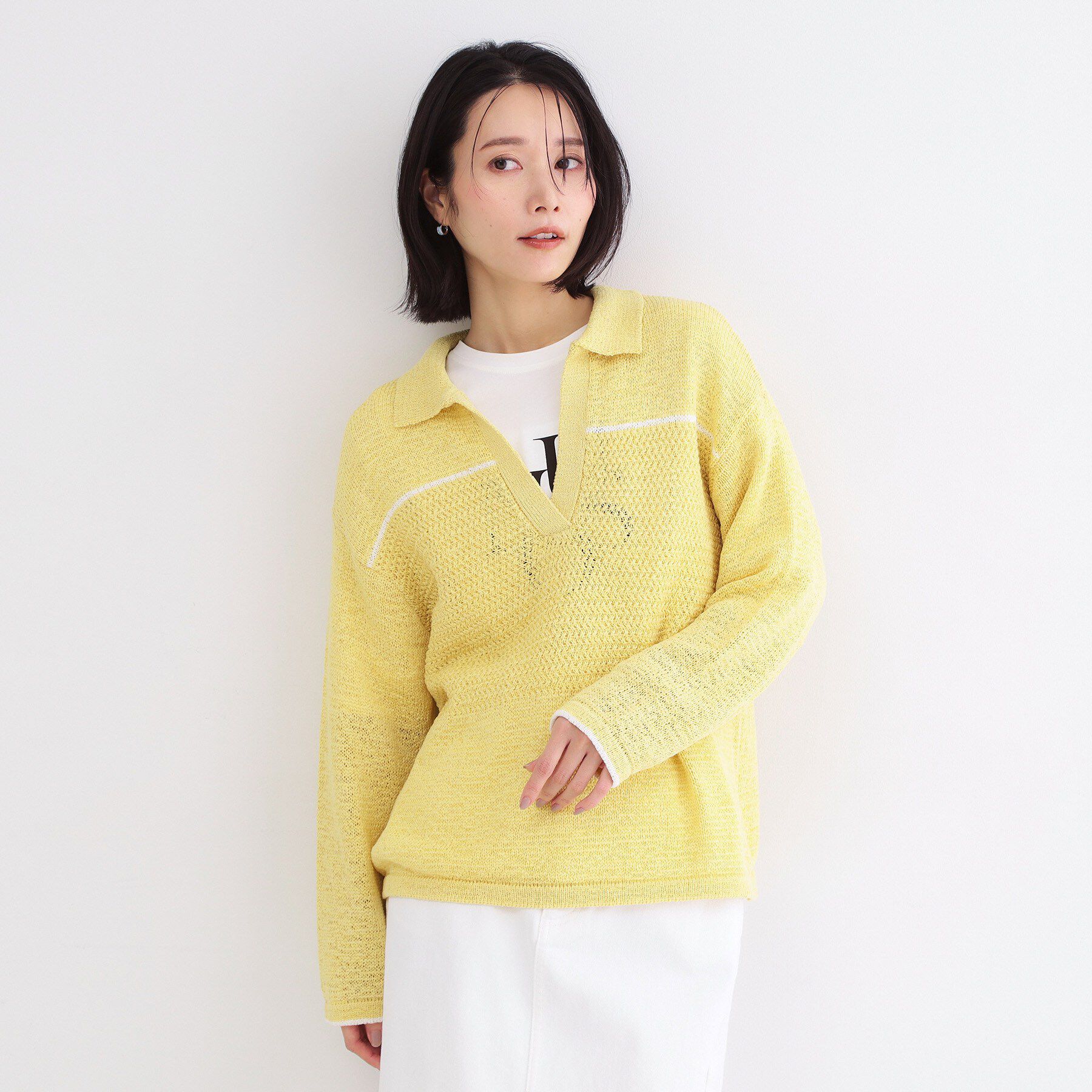 OPAQUE.CLIP「テープヤーンキーネックニット【洗濯機OK】」|ニット・セーター|イエロー(031)