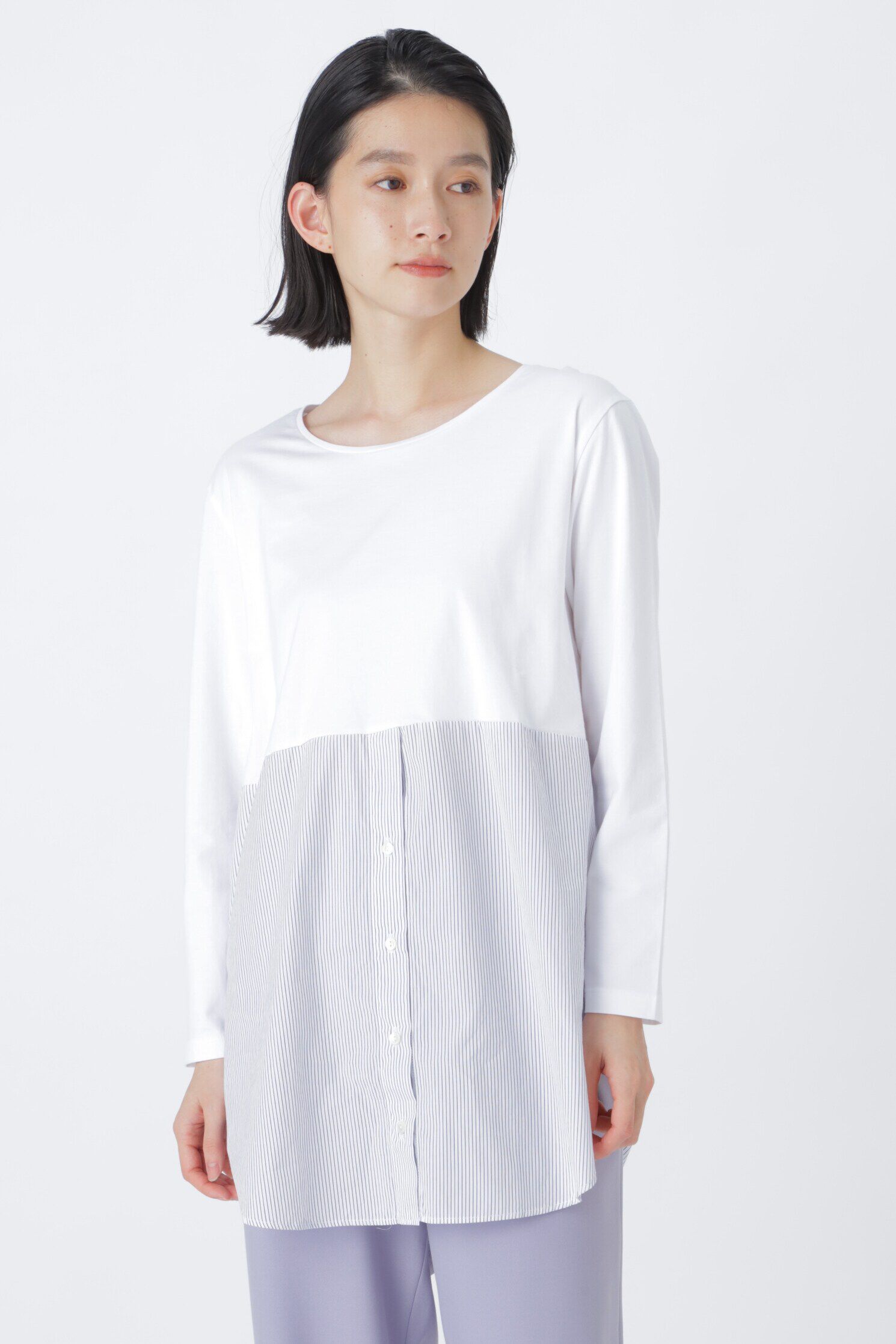  「◆オーガニックコットン　ドッキングプルオーバー」|Tシャツ・カットソー|ホワイト&times;ブ  4