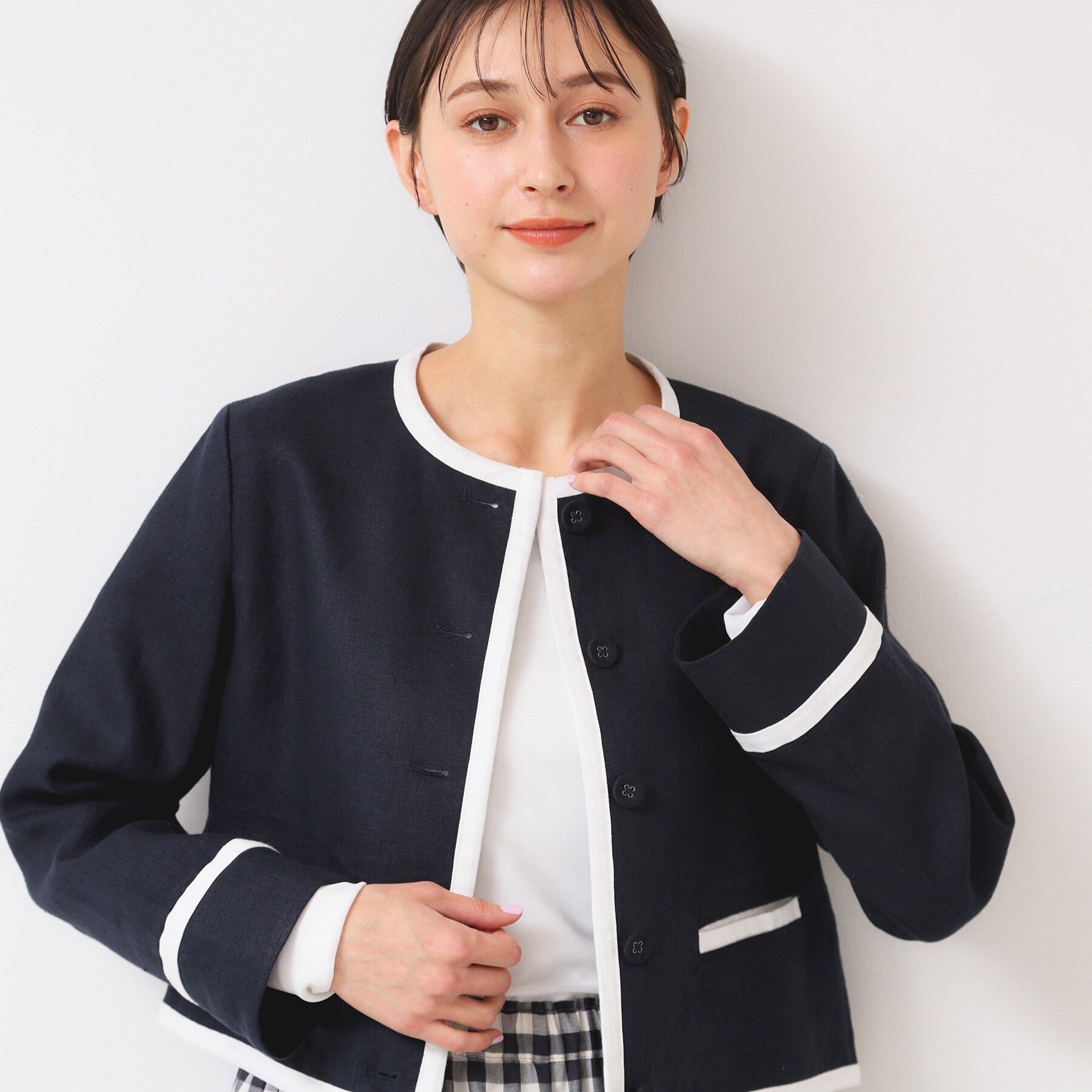 Dessin「【セットアップ可能・洗える】配色クルーネック麻ジャケット」|ノーカラージャケット|