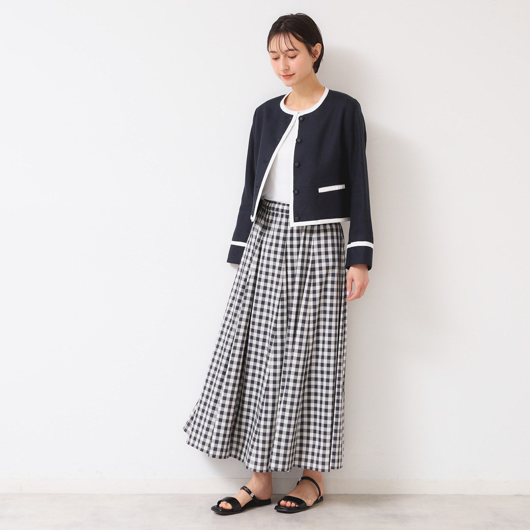 Dessin「【セットアップ可能・洗える】配色クルーネック麻ジャケット」|ノーカラージャケット|